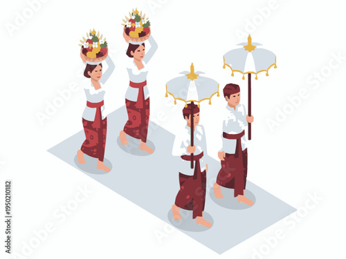 Balinese Ceremony Procession with Fruit Offerings and Umbrellas