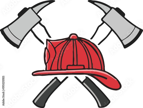 Red Firefighter Helmet with Crossed Axes Vector Illustration for Fire Department Emblems, Safety Logos, and Emergency Service Graphics