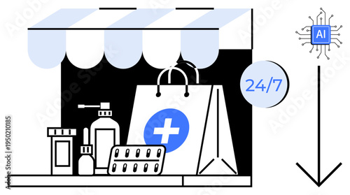 E-commerce, digital health, online shopping, AI integration, pharmaceutical access, modern healthcare. Medical supplies, bag with cross AI symbol 247 text. E-commerce and digital health concept