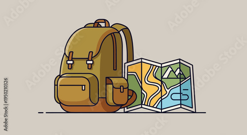 Illustration of a brown backpack and a folded map for travel and adventure.