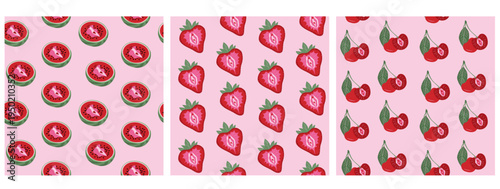 Collection of seamless patterns featuring watermelon, strawberry, and cherry illustrations with stylized feminine symbolism