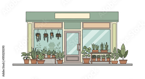 Illustration of a charming plant shop storefront with potted plants.