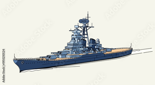 Illustration of a large blue battleship with multiple turrets and a tall mast.