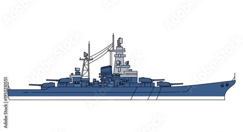 Illustration of a powerful blue warship with cannons and towers.