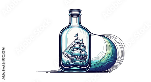 Illustration of a ship in a bottle, a classic nautical art piece.