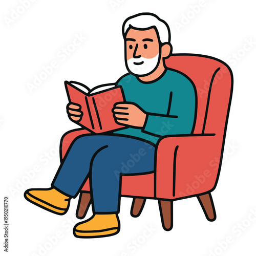 Elderly man reading book in armchair, relaxed and peaceful, casual home leisure activity