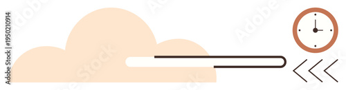 Cloud storage, data backup, synchronization, time tracking, efficiency, workflow optimization. Illustration shows a cloud with file transfer bar and a clock. Cloud storage and data backup ideas