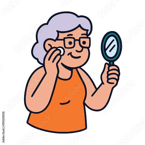 Elderly woman, glasses, orange shirt, holding mirror, cleaning face, smiling, cartoon style