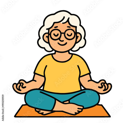 Elderly woman yoga meditation relaxation peaceful cartoon sitting mat