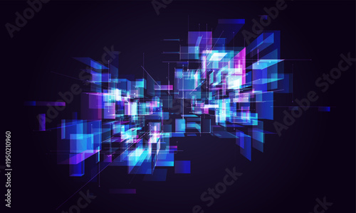 AI quantum tunnel background. Abstract 3D grid. Digital tech portal perspective. Matrix neon aesthetic, big data cyber network, science. Futuristic blue-purple code squares. Laser particles explosion