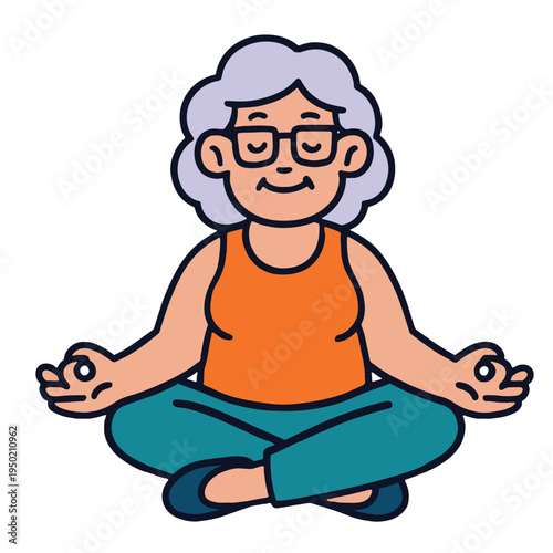 Elderly woman cartoon meditation yoga relaxation peaceful sitting glasses