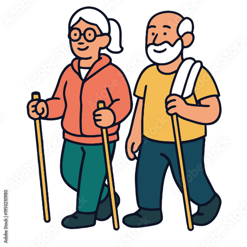 Elderly couple walking together with hiking sticks, smiling, outdoor activity, healthy lifestyle