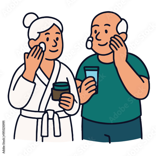 Elderly couple skincare routine, smiling, applying cream, healthy skin, self care