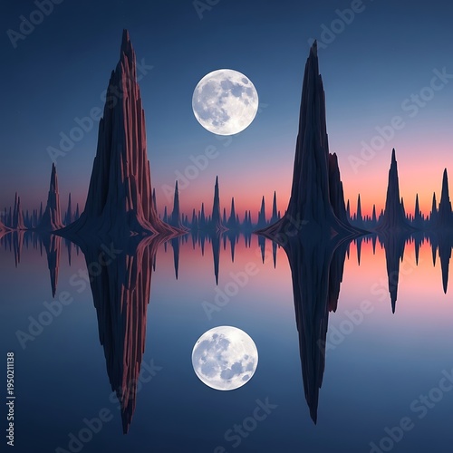 Tall, jagged rock formations perfectly mirrored in calm water under a bright moonlit sky