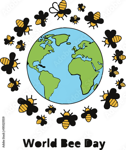 World Bee Day vector illustration featuring a blue and green Earth globe surrounded by a swarm of black and yellow cartoon bees, promoting environmental awareness and bee conservation.