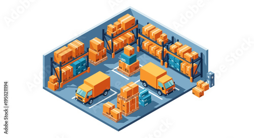 Isometric Warehouse Interior with Trucks and Boxes.