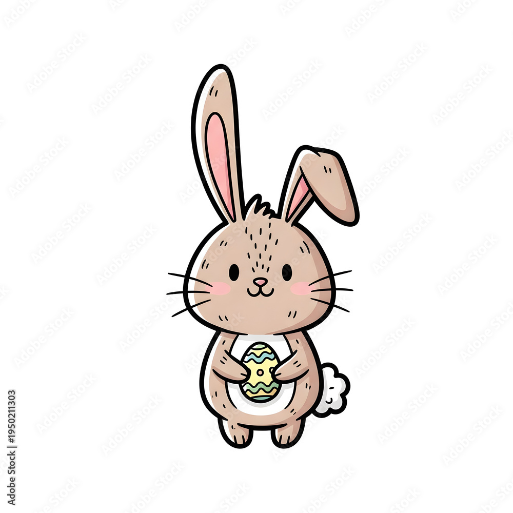 Fototapeta premium Cute cartoon bunny holding a decorated Easter egg, perfect for spring holiday themes and children's designs.