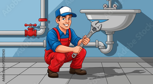 A cartoon plumber in red overalls crouching while holding a large wrench near a sink with exposed pipes in a bathroom.