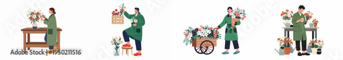 Set of flat illustrations showing diverse florists arranging, trimming, and transporting beautiful lily bouquets in a flower shop or garden setting.