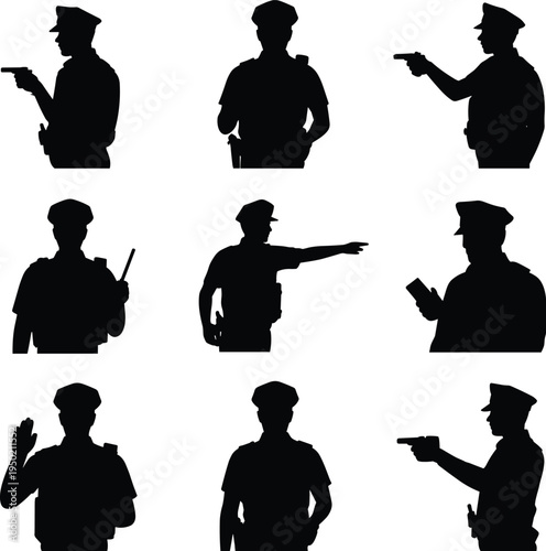 Silhouettes of police officers in various poses with and devices black white de