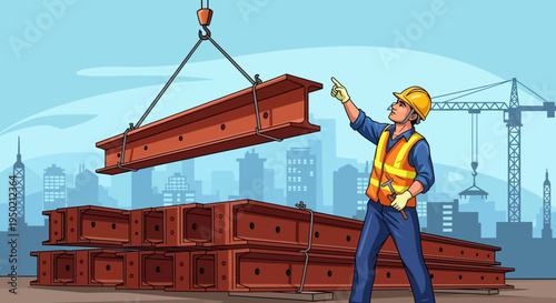 Construction worker guiding a steel beam into place at a building site with cranes and cityscape in the background.