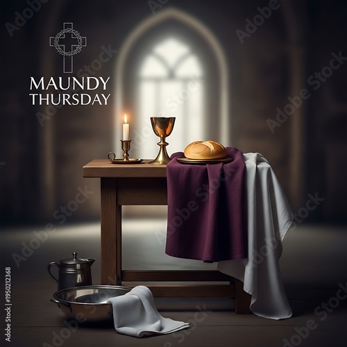 A table with a purple cloth and a loaf of bread on it
