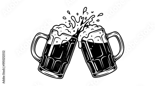 Two mugs of frothy beer clinking together in celebration. The black and white image captures the moment with splashes and bubbles.