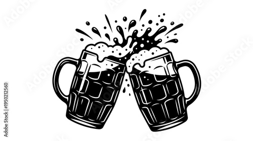 Cheers! Two mugs of beer clink together, overflowing with frothy goodness. The image captures the celebratory spirit of a toast