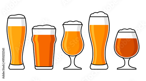 Assortment of craft beer glasses, each filled with golden amber ale