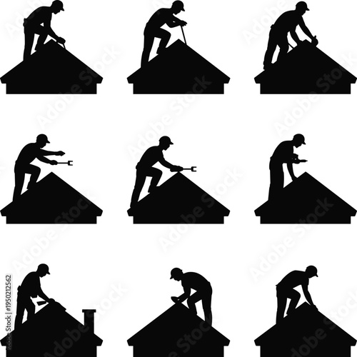 Silhouettes of Workers Repairing Roofs in Various Positions construction