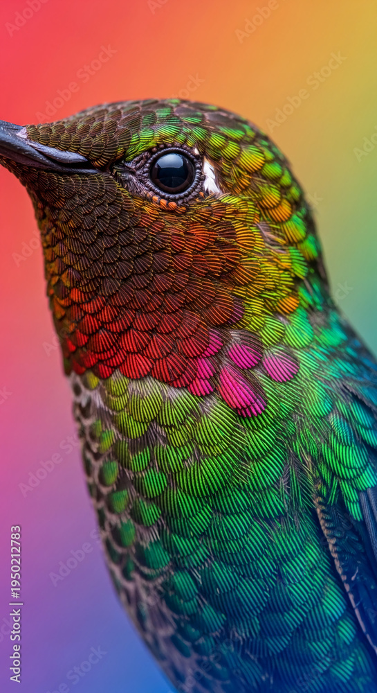 Fototapeta premium Close-up of hummingbird head and chest, showcasing vibrant, colorful feather patterns. Represents nature's beauty, wildlife, and avian biodiversity