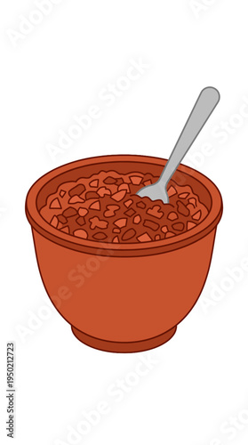 A hearty bowl of chili, served with a spoon. A close-up shot of a ceramic bowl filled with a savory and flavorful chili, perfect for a cozy meal