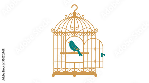 A lonely bird in a golden cage, with the cage door open