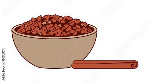 A bowl of diced food with a cinnamon stick alongside. Aromatic spices and fresh ingredients.
