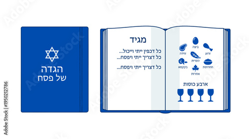 An illustration of a blue book with jewish signs, open to display the illustration of kosher food