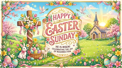 Happy easter sunday celebration with church and cross