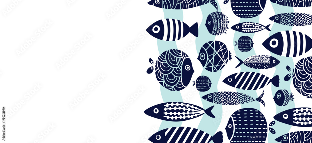 Fototapeta premium Sardines. Fish. Vector sea poster. Undersea. Wave.