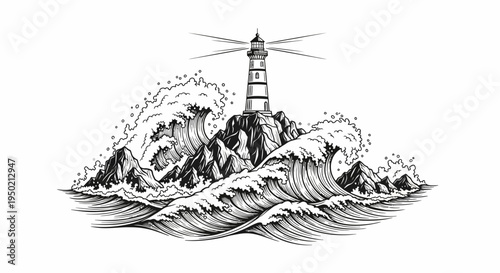Lighthouse standing strong amidst stormy seas and crashing waves.
