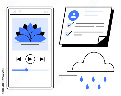 Smartphone music player with lotus, user checklist card, and simple rain cloud with droplets. Ideal for self-care, mindfulness, productivity, relaxation, streaming weather simplicity. Modern flat