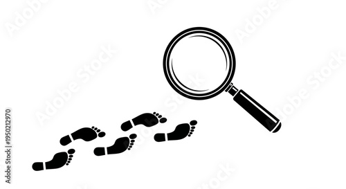 Magnifying glass examining footprints on white background.