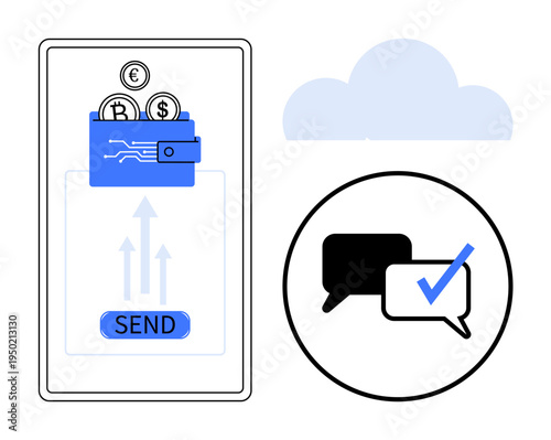 Smartphone with coins entering a wallet, blue send button, chat bubbles with checkmark, and cloud icon. Ideal for fintech, digital payment, secure transaction, cryptocurrency, e-commerce messaging