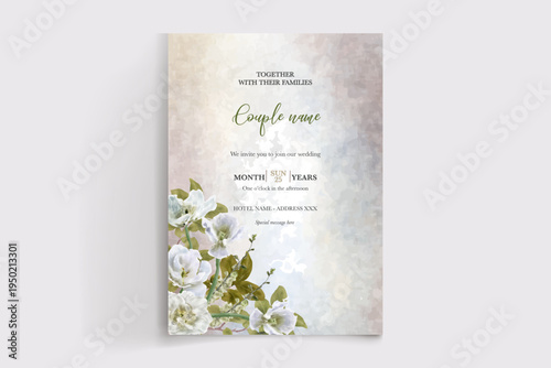 WEDDING INVITATION FRAME WITH FLOWER DECORATIONS AND FRESH LEAVES