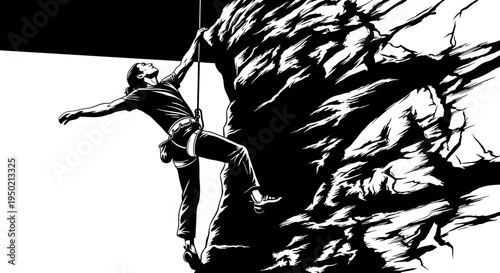 Man climbing a steep rock face with rope and harness.