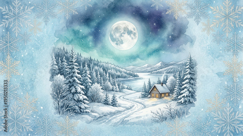 Serene Winter Landscape with Snow-Covered Forest and Cozy Cabin Under Full Moon