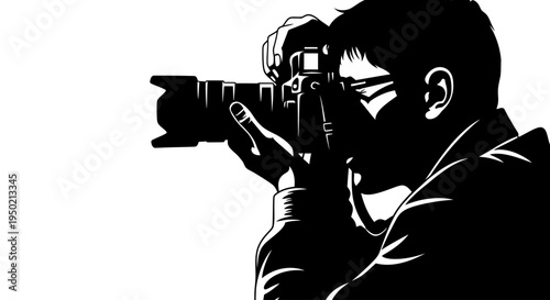 Man holding professional camera taking a photo illustration.