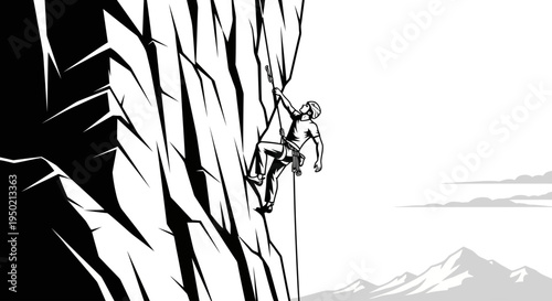 Man climbing steep rock face with rope and harness.