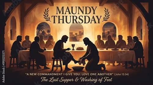 Maundy thursday depiction of the last supper and washing of feet