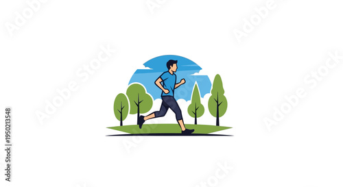 Man running outdoors in a park with trees and sun.