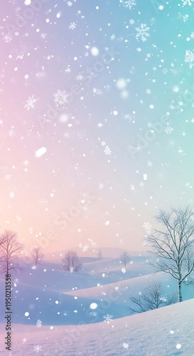 Gentle snowfall blankets rolling hills under a pastel gradient sky