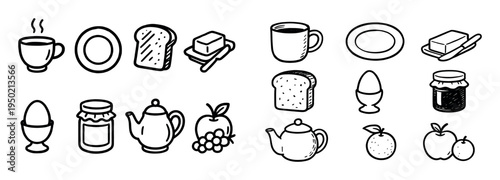 Breakfast icons with cup toast egg outline
